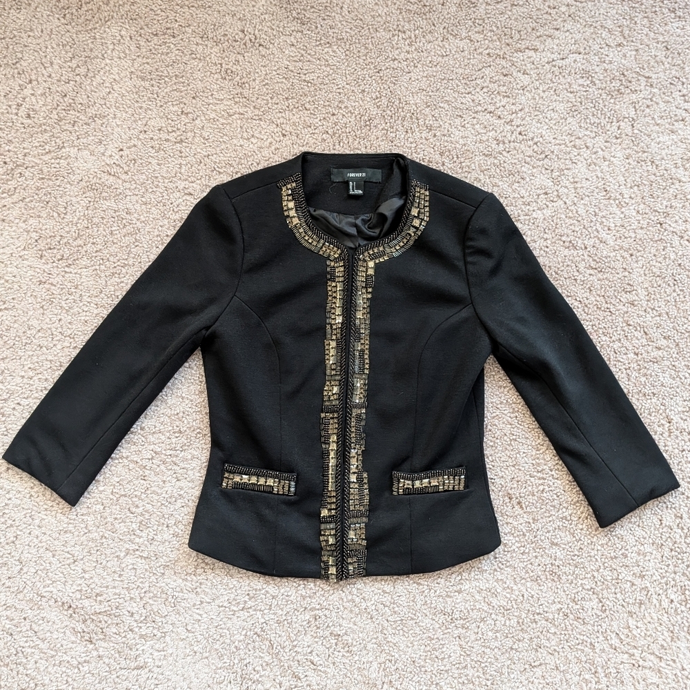 Forever 21 Black Gold Bling Trim Hook Closure Blazer Jacket Size Small - Picture 4 of 11